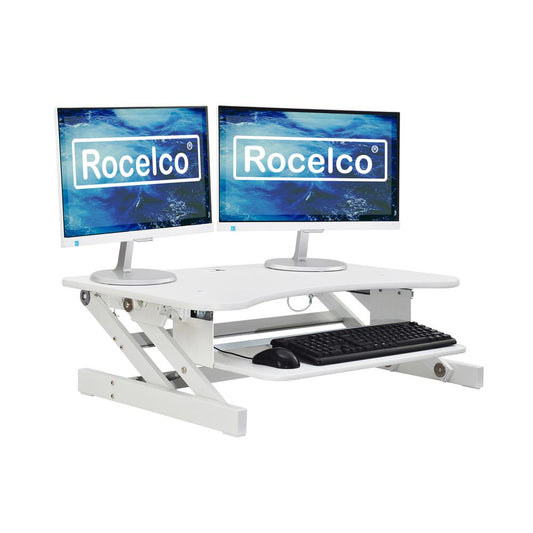 Rocelco 37.5" Deluxe Height Adjustable Standing Desk Converter - Quick Sit Stand Up Dual Monitor Riser - Gas Spring Assist Computer Workstation - Large Retractable Keyboard Tray - White (R DADRW)