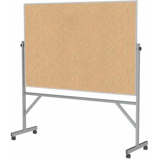 Ghent Bulletin Board - 48" Height x 72" Width - Natural Cork Surface - Durable, Reversible, Wheel, Caster, Portable, Lockable, Accessory Tray, Smooth, Mobility - Silver Aluminum Frame - 1 Each - 78.3"