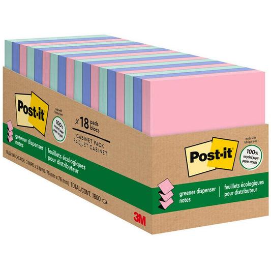 Post-it&reg; Greener Dispenser Notes - 3" x 3" - Square - 100 Sheets per Pad - Positively Pink, Fresh Mint, Moonstone - Paper - Self-stick, Removable, Recyclable, Pop-up, Residue-free, Eco-friendly -