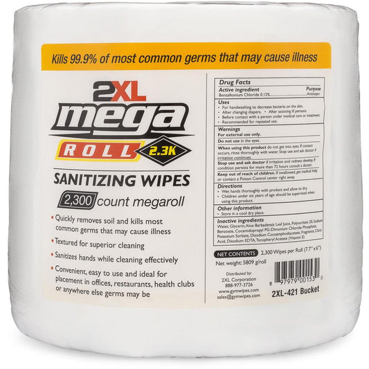 2XL Mega Roll Sanitizing Wipes - White - Non-toxic, Non-irritating, Alcohol-free, Phenol-free, Bleach-free, Ammonia-free, Recyclable - For Hand, Skin, Multi Surface, Office, Restaurant, Hotel, Health