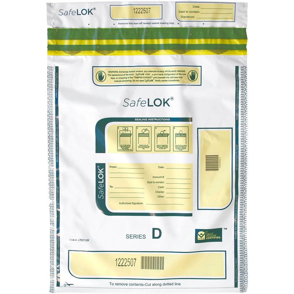 ControlTek SafeLOK Tamper-Evident Deposit Bags - 12" Width x 16" Length - Seal Closure - White - 100/Pack - Cash, Deposit, Note, Bill