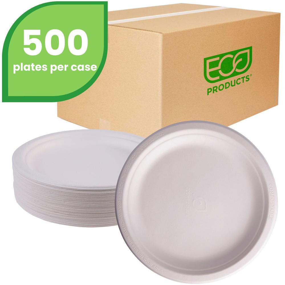 Eco-Products Vanguard 9" Sugarcane Plates - Breakroom - Disposable - Microwave Safe - White - Sugarcane Fiber Body - 500 / Carton