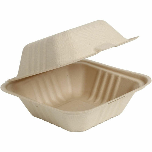 BluTable 21 oz Portable Clamshell Containers - Food Storage, Food - Natural - Molded Fiber, Sugarcane Fiber Body - 500 / Carton