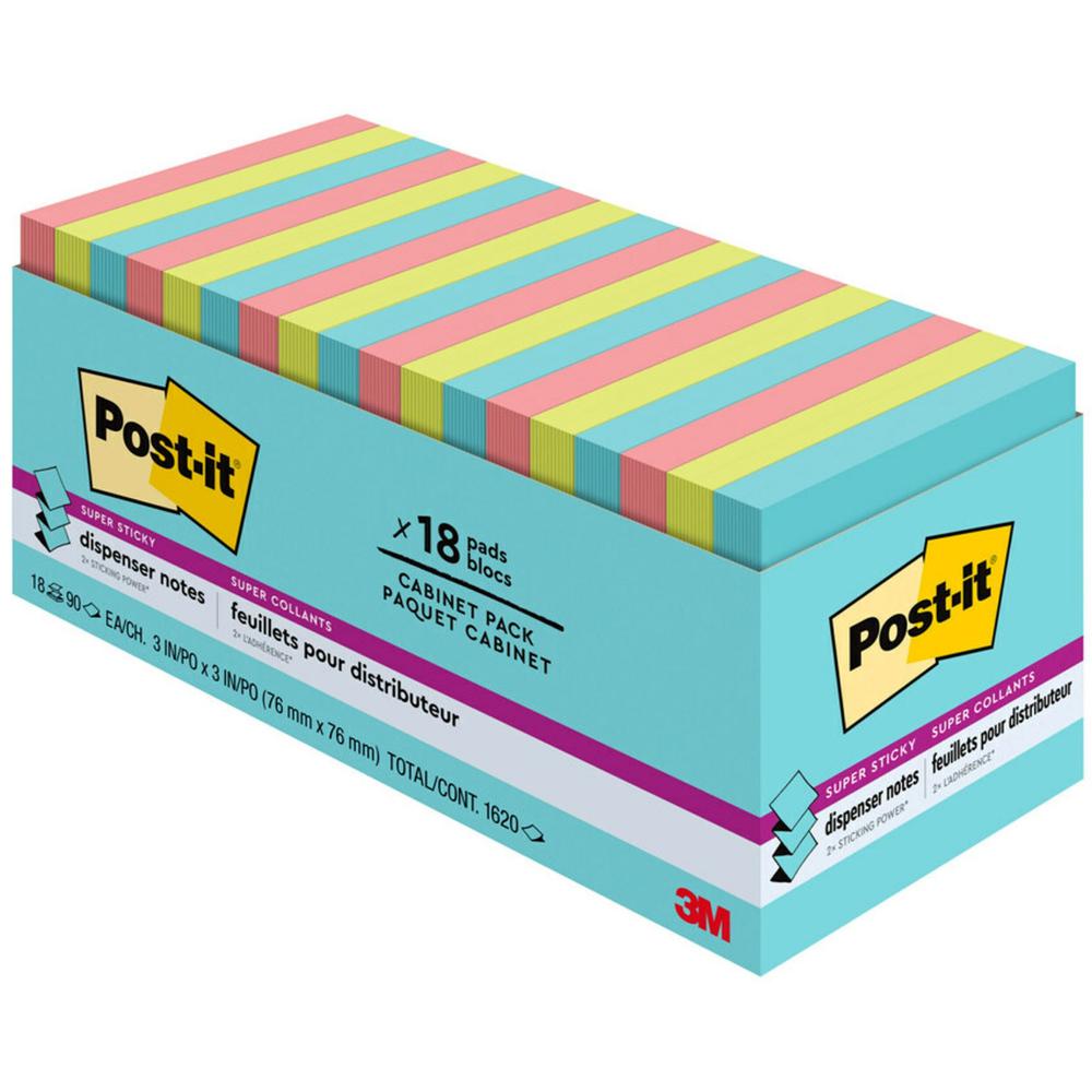 Post-it&reg; Super Sticky Dispenser Notes - Supernova Neons Color Collection - 3" x 3" - Square - 90 Sheets per Pad - Aqua Splash, Acid Lime, Guava - Paper - Super Sticky, Adhesive, Recyclable, Pop-up