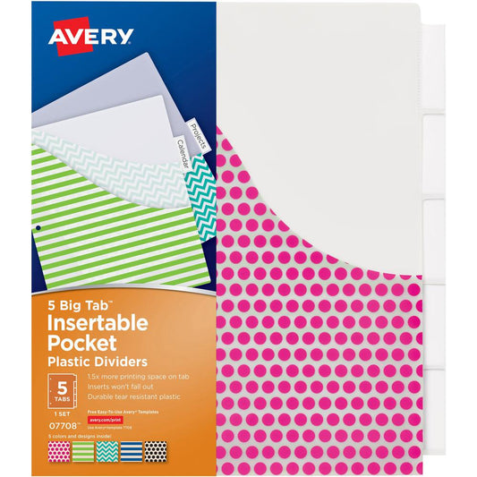 Avery&reg; Big Tab Insertable Plastic Pocket Dividers - 180 x Divider(s) - 180 Tab(s) - 5 - 5 Tab(s)/Set - 9.3" Divider Width x 11.13" Divider Length - 3 Hole Punched - Multicolor Plastic Divider - Cl