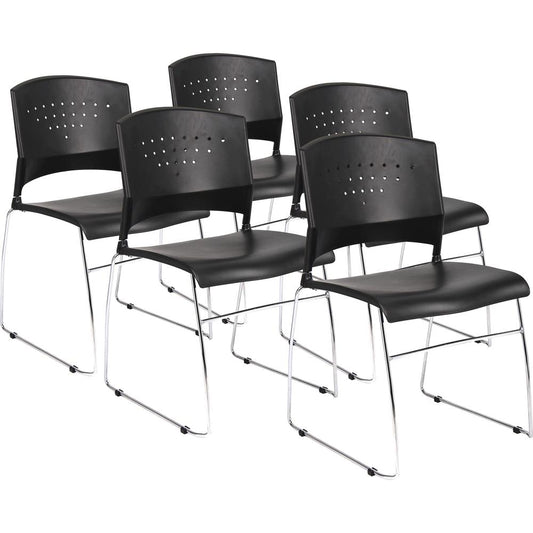 Boss Black Stack Chair With Chrome Frame 5 Pcs Pack - Black Polypropylene Seat - Black Polypropylene Back - Chrome Frame - Sled Base - 5 Pack