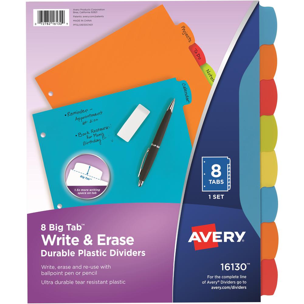 Avery&reg; Big Tab Write & Erase Durable Plastic Dividers - 8 x Divider(s) - 8 Write-on Tab(s) - 8 - 8 Tab(s)/Set - 8.5" Divider Width x 11" Divider Length - 3 Hole Punched - Multicolor Plastic Divide