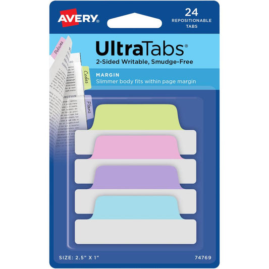 Avery&reg; Ultra Tabs File Tab - 24 Tab(s) - 1" Tab Height x 2.50" Tab Width - Clear Film, Pastel Blue Paper, Pastel Pink, Pastel Purple, Pastel Green Tab(s) - 72 / Carton