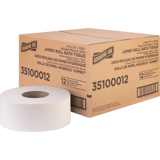 Genuine Joe Jumbo Jr Dispenser Bath Tissue Roll - 2 Ply - 3.50" x 1000 ft - 8.88" Roll Diameter - White - Fiber - Sewer-safe, Septic Safe - For Bathroom - 12 / Carton