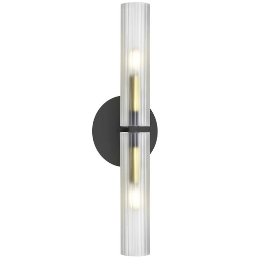 2 Light Incandescent Wand Wall Sconce Matte Black & Aged Brass w/ Frosted Glass