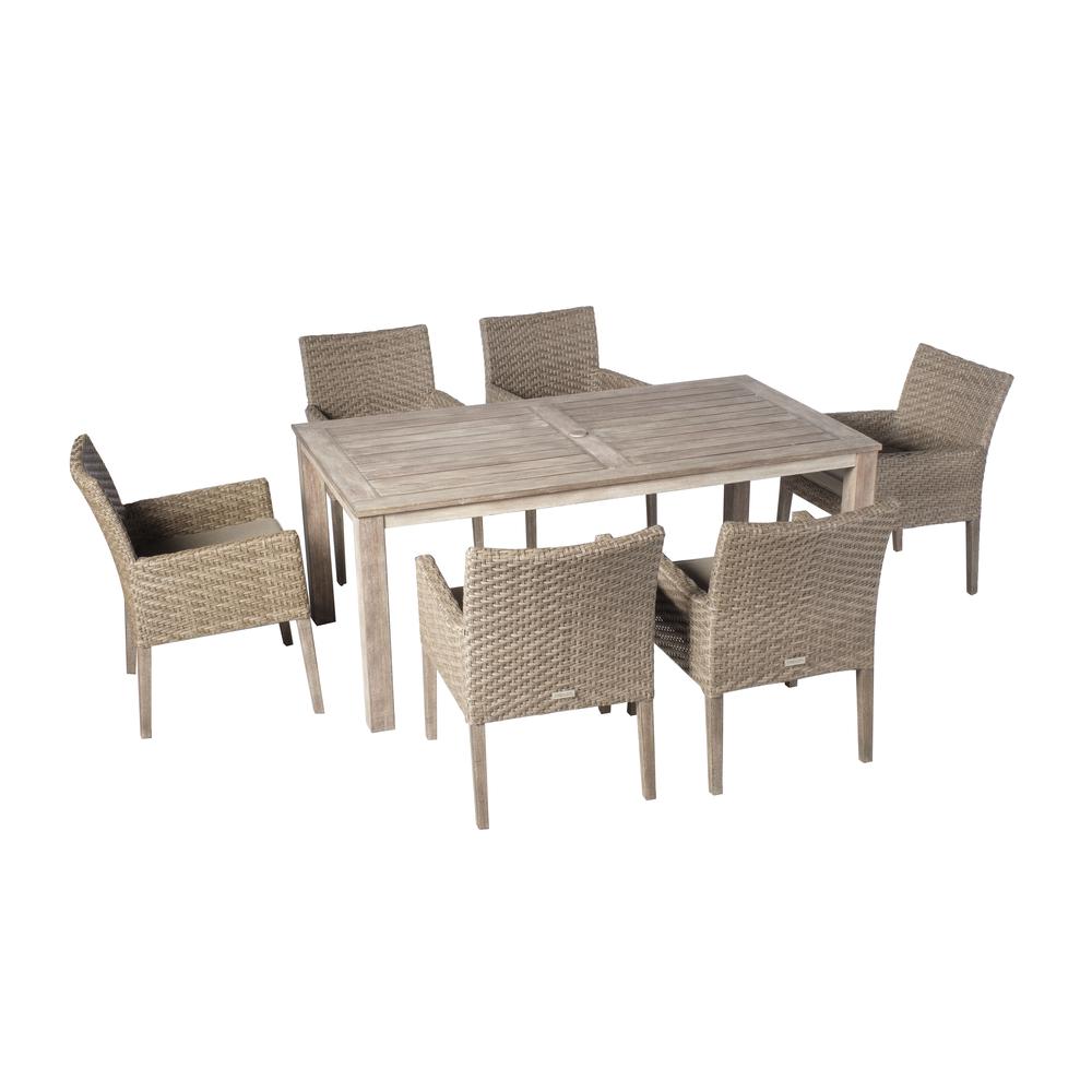 Cornwall Woven Wood Set With 71" Rectangular Wood Dining Table With Umbrella Hole and 6 Dining Arm Chairs With Sunbrella Cast Shale Cushions