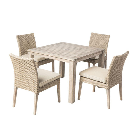 Cornwall Woven Wood Set With Malvern 40" Square Wood Dining Table with Umbrella Hole and 4 Armless Dining Chairs with Sunbrella Cast Shale Cushions