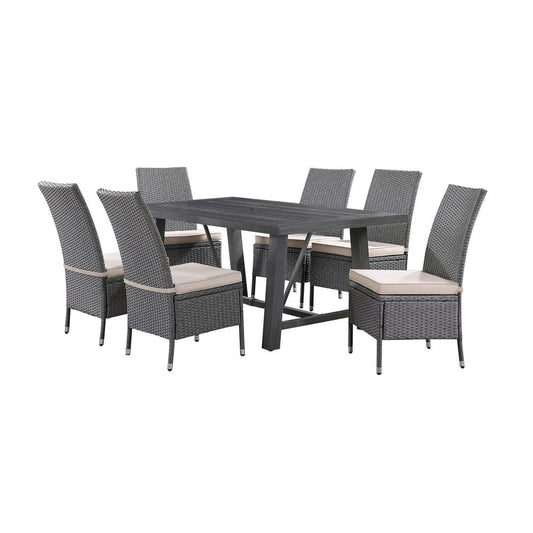 7-piece outdoor dining set with 6 side chairs made out of PE wicker