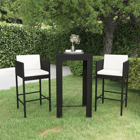 vidaXL 3 Piece Patio Bar Set with Cushions Poly Rattan Black, 3094778