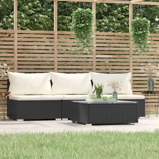 vidaXL 4 Piece Patio Lounge Set with Cushions Black Poly Rattan, 317496