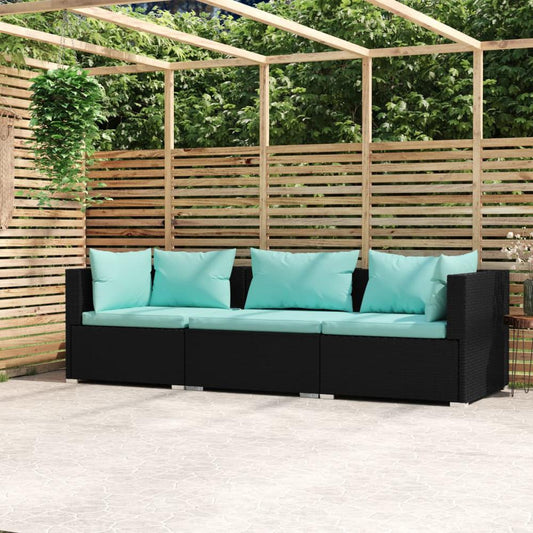 vidaXL 3-Seater Sofa with Cushions Black Poly Rattan, 317533