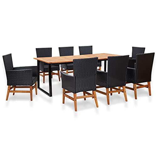 vidaXL 9 Piece Outdoor Dining Set Poly Rattan and Acacia Wood Black, 46008