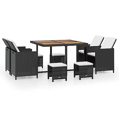 vidaXL 9 Piece Outdoor Dining Set Poly Rattan and Acacia Wood Black, 42530