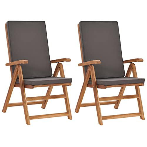 vidaXL Reclining Garden Chairs with Cushions 2 pcs Solid Teak Wood Gray 8982