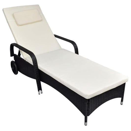 vidaXL Sun Lounger with Cushion & Wheels Poly Rattan Black, 42475