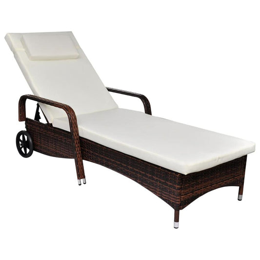 vidaXL Sun Lounger with Cushion & Wheels Poly Rattan Brown, 42476