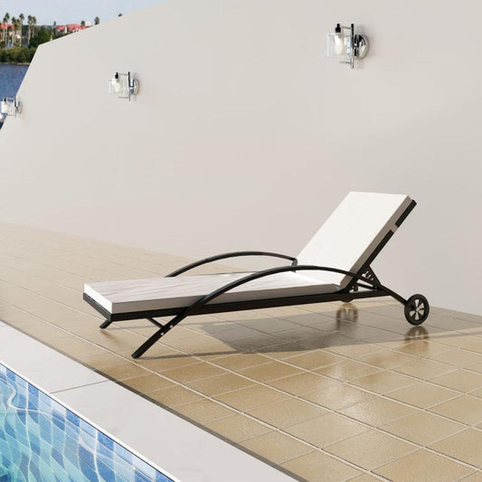 vidaXL Sun Lounger with Cushion & Wheels Poly Rattan Black, 42489