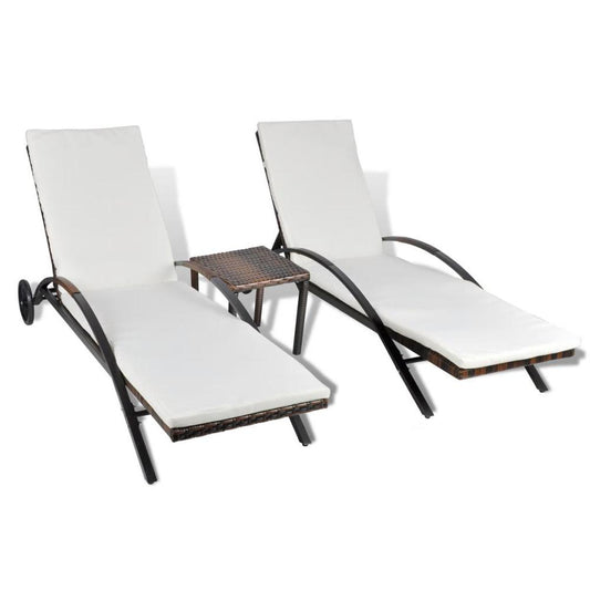 vidaXL Sun Loungers with Table Poly Rattan Brown