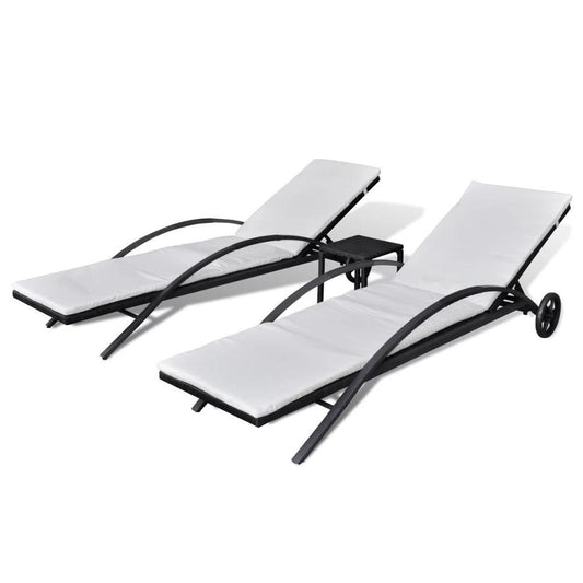 vidaXL Sun Loungers with Table Poly Rattan Black, 42491