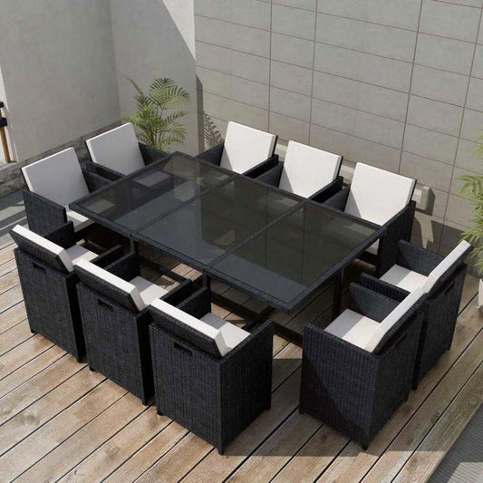 vidaXL 11 Piece Outdoor Dining Set with Cushions Poly Rattan Black, 42547