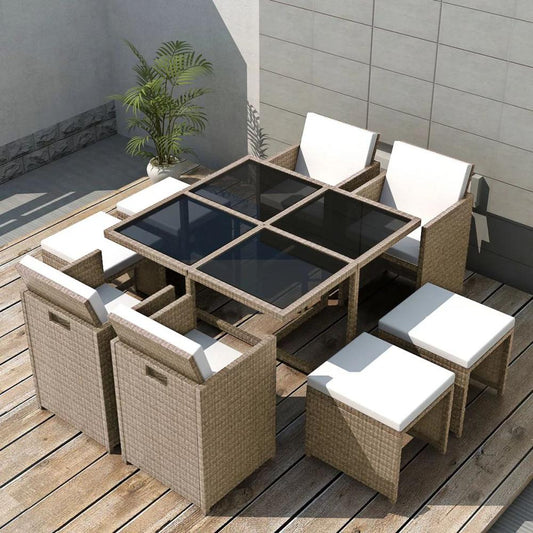 vidaXL 9 Piece Outdoor Dining Set with Cushions Poly Rattan Beige, 42556