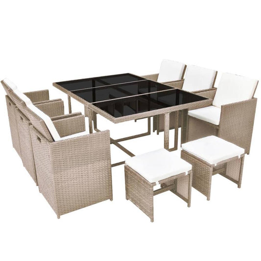 vidaXL 11 Piece Outdoor Dining Set with Cushions Poly Rattan Beige, 42557