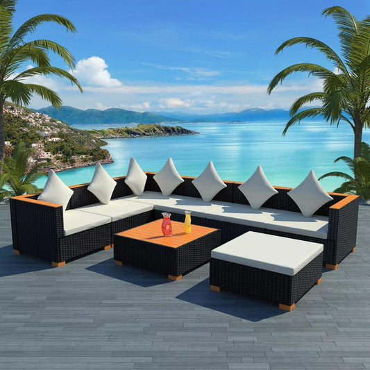 vidaXL 8 Piece Garden Lounge Set with Cushions Poly Rattan Black, 42758