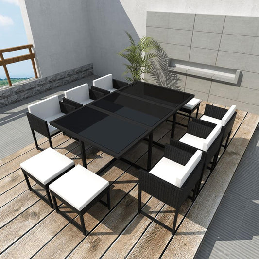 vidaXL 11 Piece Outdoor Dining Set with Cushions Poly Rattan Black, 42760