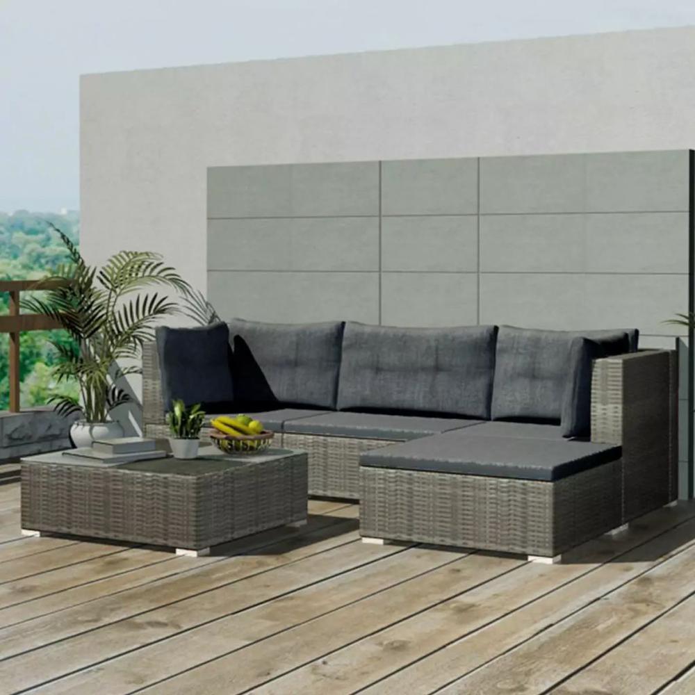 vidaXL 5 Piece Garden Lounge Set with Cushions Poly Rattan Gray, 42835