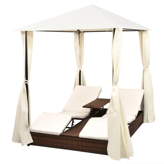 vidaXL Double Sun Lounger with Curtains Poly Rattan Brown, 42890