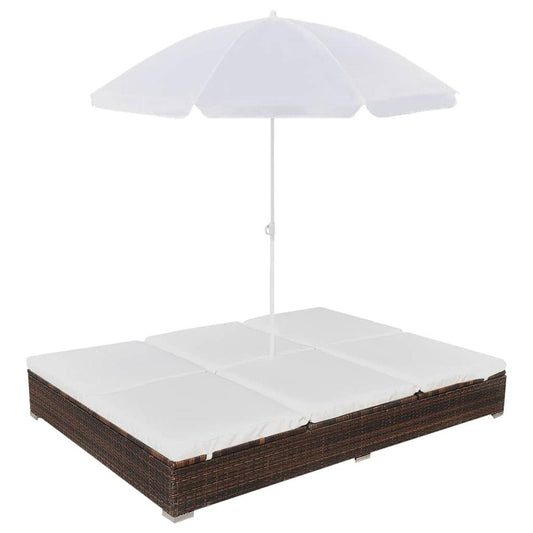 vidaXL Outdoor Lounge Bed with Umbrella Poly Rattan Brown, 42949