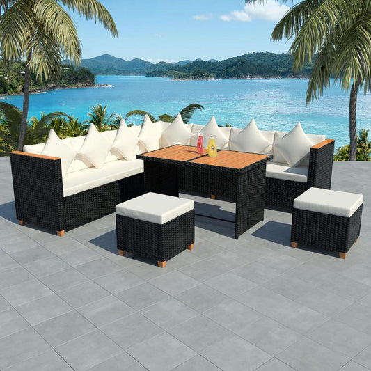 vidaXL 7 Piece Garden Lounge Set with Cushions Poly Rattan Black, 43001