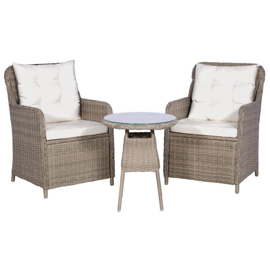 vidaXL 3 Piece Bistro Set with Cushions and Pillows Poly Rattan Brown, 44150