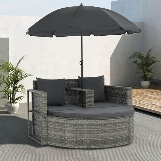 vidaXL 2 Seater Garden Sofa with Cushions and Parasol Gray Poly Rattan, 44478