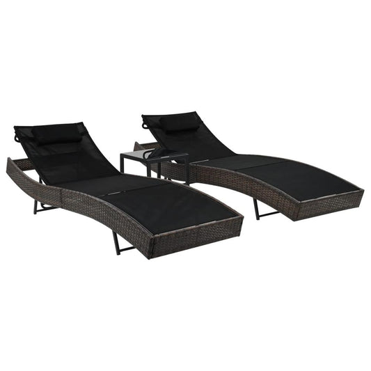 vidaXL Sun Loungers 2 pcs with Table Poly Rattan and Textilene Brown, 44892