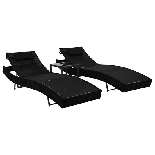 vidaXL Sun Loungers 2 pcs with Table Poly Rattan and Textilene Black, 44893