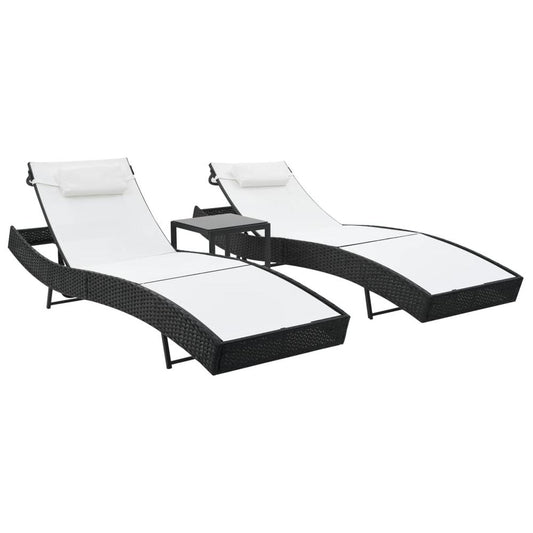 vidaXL Sun Loungers 2 pcs with Table Poly Rattan and Textilene Black, 44894