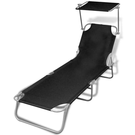 vidaXL Folding Sun Lounger with Canopy Steel and Fabric Black, 41197