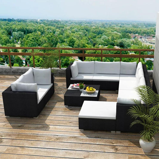 vidaXL 10 Piece Garden Lounge Set with Cushions Poly Rattan Black, 42104