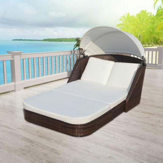 vidaXL Sun Lounger with Canopy Poly Rattan Brown, 41982