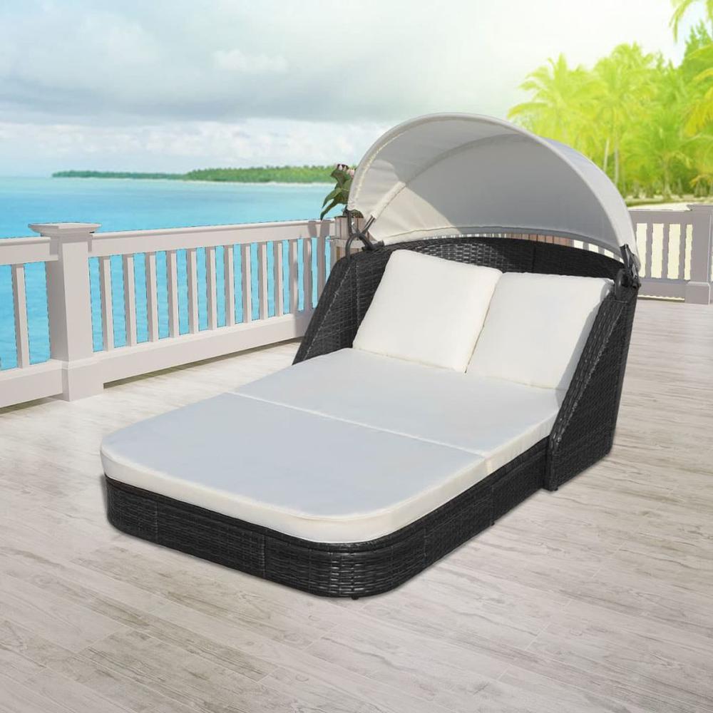 vidaXL Sun Lounger with Canopy Poly Rattan Black, 41983