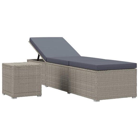 vidaXL Sun Lounger with Cushion and Tea Table Poly Rattan Gray, 46227