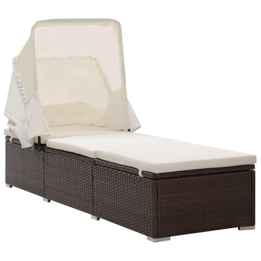 vidaXL Sun Lounger with Canopy and Cushion Poly Rattan Brown, 46247