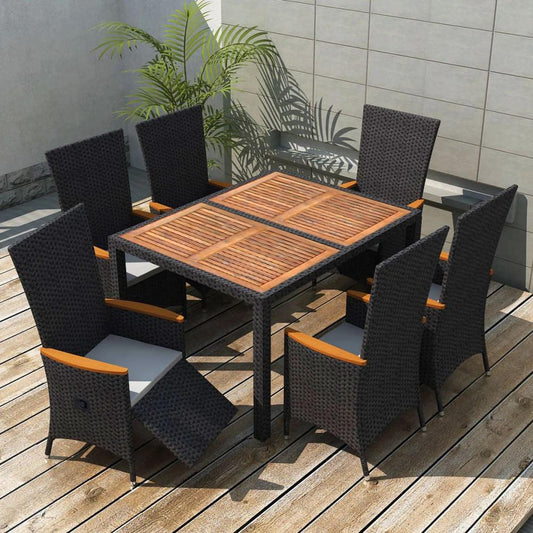 vidaXL 7 Piece Outdoor Dining Set Poly Rattan Acacia Wood Black, 47681