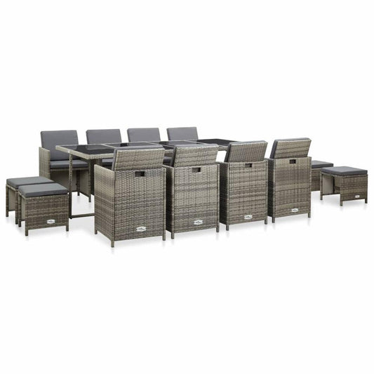 vidaXL 13 Piece Outdoor Dining Set with Cushions Poly Rattan Gray, 46538